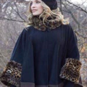 Parkhurst Mosiac Cape Faux Fur Leopard Trim Coat Cloak Hollywood Chic